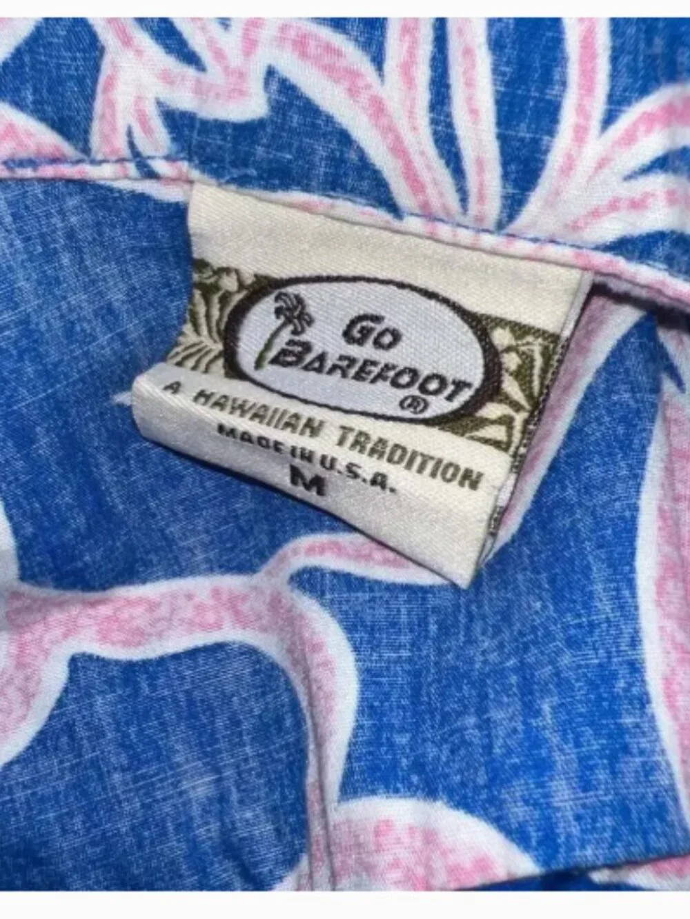 Go Barefoot Vintage Blue & Pink Hibiscus Floral Hawaiian Shirt Short Sleeve M